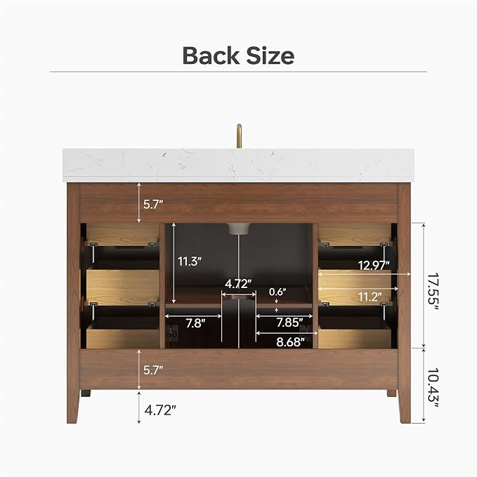 48" Walnut Bathroom Vanity with Sink, No Assembly Required | Solid Wood Bathroom Vanities with Soft Close Doors & Dovetail Drawers, Modern Bathroom Sink Cabinet, 0.78" Stone Top