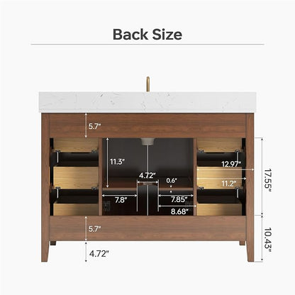 48" Walnut Bathroom Vanity with Sink, No Assembly Required | Solid Wood Bathroom Vanities with Soft Close Doors & Dovetail Drawers, Modern Bathroom Sink Cabinet, 0.78" Stone Top