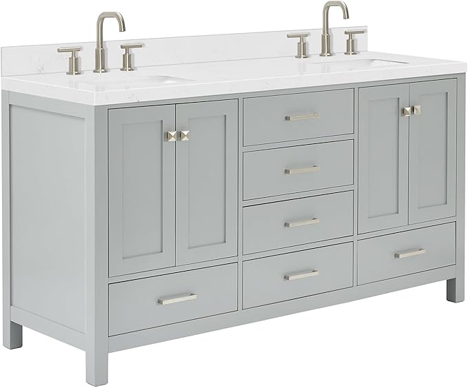 ARIEL Cambridge 66-inch Bathroom Vanity with Sink,Solid Wood, 1.5-inch Carrara White Quartz Countertop, Double Rectangular Porcelain Sink, 4 Soft Closing Doors, 6 Dovetail Drawers, Grey