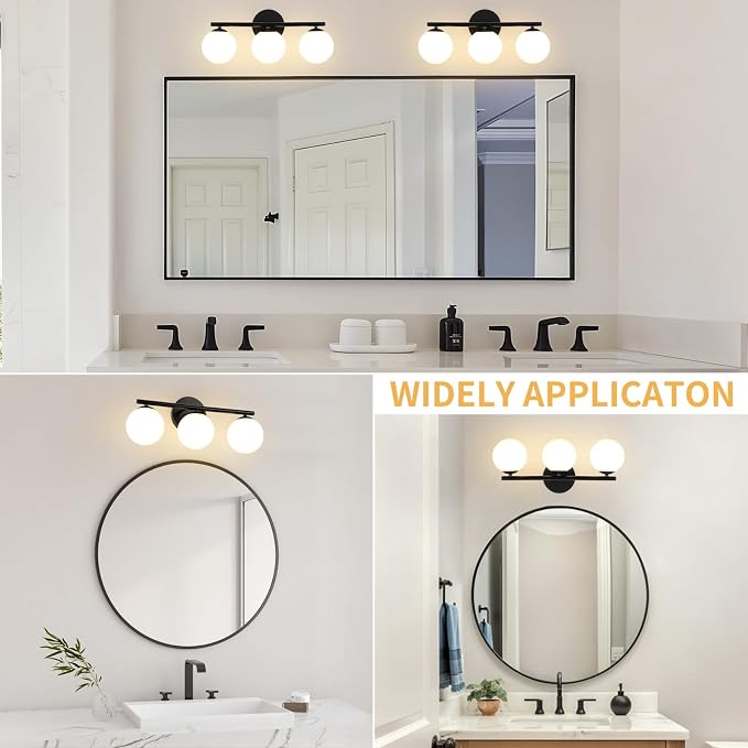 foucasal Black 3-Light Globe Bathroom Vanity Light Fixture Over Mirror | G9 Socket, Plastic Milk Globe Shades, 4.72" Base, 10W Max, Adjustable Up/Down Light, Mid Century Style for Bathroom Bedroom