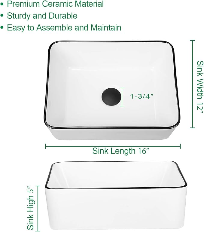 Modern 16" x 12" Rectangle Vessel Sink with Faucet, White Porcelain Above-Counter Bathroom Basin with Black Edge, Stylish Vanity Countertop Sink for Powder Room & Small Spaces