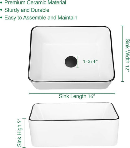 Modern 16" x 12" Rectangle Vessel Sink with Faucet, White Porcelain Above-Counter Bathroom Basin with Black Edge, Stylish Vanity Countertop Sink for Powder Room & Small Spaces