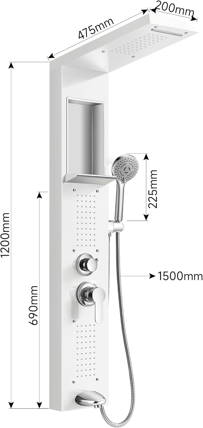 Shower Panel System, Multi-Function Shower Tower With 4 Body Spray, 5 Handheld Settings, Shelf & Adjustable Height, Rainfall + Waterfall Shower Head, Rain Massage Spa System