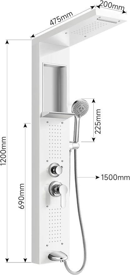 Shower Panel System, Multi-Function Shower Tower With 4 Body Spray, 5 Handheld Settings, Shelf & Adjustable Height, Rainfall + Waterfall Shower Head, Rain Massage Spa System