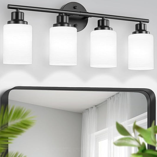 4-Light Bathroom Light Fixtures, Black Vanity Lights for Mirror with Textured Milky White Glass Shade, Modern Kitchen Light Fixtures Wall Sconce Light - E26 Base