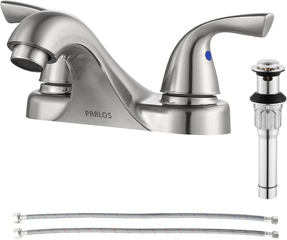Brushed Nickel Bathroom Faucet 4 Inch Centerset for Lavatory Sink | Mid Arc, 2 Handle Lead-Free RV Bathroom Faucet with Metal Pop Up Drain Supply Lines, for 2 or 3 Hole Lavatory Utility Sink