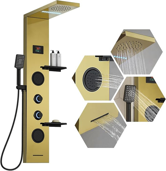 Homevacious 4 In 1 Shower Panel System with Shelf,LED Rain Shower Head and Adjustable Massage Body Jets,3 Functions Handheld Head and Tub Spout,Stainless Steel Bathroom Shower Fixtures,Polished Gold