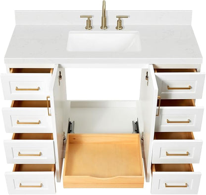 DKB Emilia 48-Inch Bathroom Vanity with Sink — White Single Sink Bathroom Vanity, 1.5" Edge Carrara Quartz Countertop, Solid Wood, 2 Soft Closing Doors, 9 Dovetail Drawers