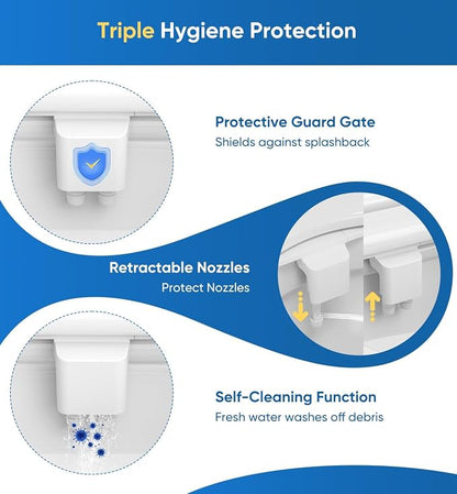 Ultra-Slim 3-in1 Bidet, Self-Cleaning, Posterior&Feminine Wash-(Retractable Dual Nozzles), Non-Electric Bidet Attachment for Toilet Seat, Adjustable Fresh Cold Water Pressure, Stainless Steel Inlet