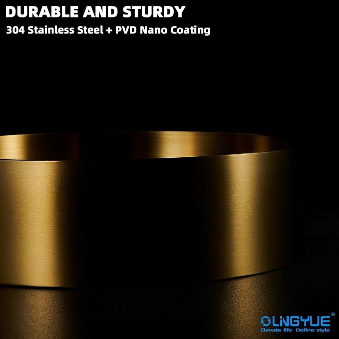 Brushed Gold Bathroom Vessel Sink: 16" Modern Round Countertop Washbasin | Above Counter Lavatory Basin with Stainless Steel PVD Coating Pop Up Drain for Home Hotel Office Toilet Decoration Remodeling
