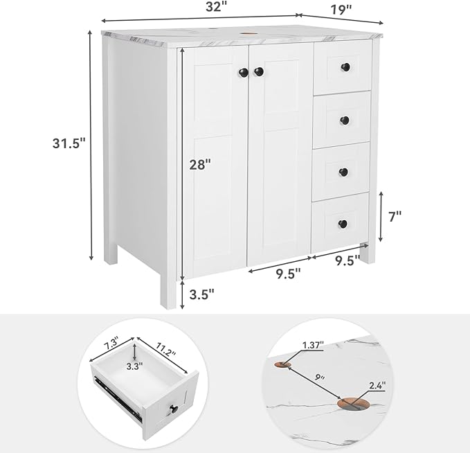 32 Inches White Bathroom Vanity with Marble Texture Top and 4 Drawers, Modern Standing Pedestal Cabinet with Black and White Boat Ceramic Sink