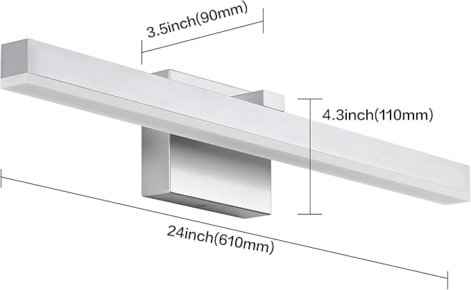 PRESDE Modern 24inch Bathroom Vanity Light LED Bathroom Light Fixture Over Mirror Dimmable Silver Bath Wall Lighting