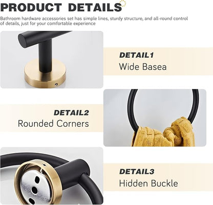 3-Piece Black and Gold Bathroom Hardware Set, Stainless Steel, Wall Mounted | Bathroom accessories set includes hand towel ring, toilet paper holder and robe hook, stainless steel wall-mounted desig