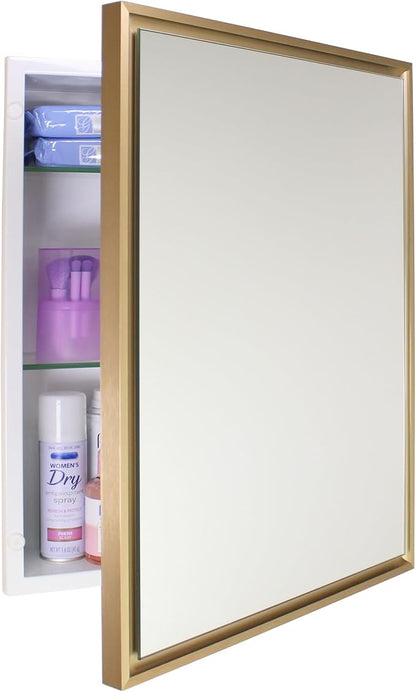Fox Hollow Furnishings 16x20 Parker Metro Metal Framed Rectangle Recessed Bathroom Medicine Cabinet, Floating Mirror, 14x24 in-Wall Opening, Steel, Adjustable Glass Shelves, Magnet Close, Gold