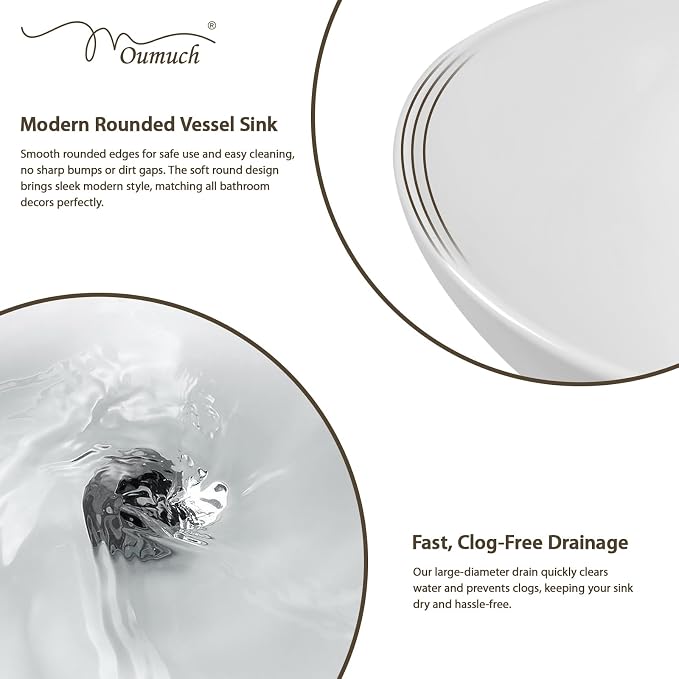 Vessel Sink, 16"W x 13"D inch Oval Bathroom Sink Above Counter White Ceramic Porcelain Vanity Bowl Countertop Art Basin