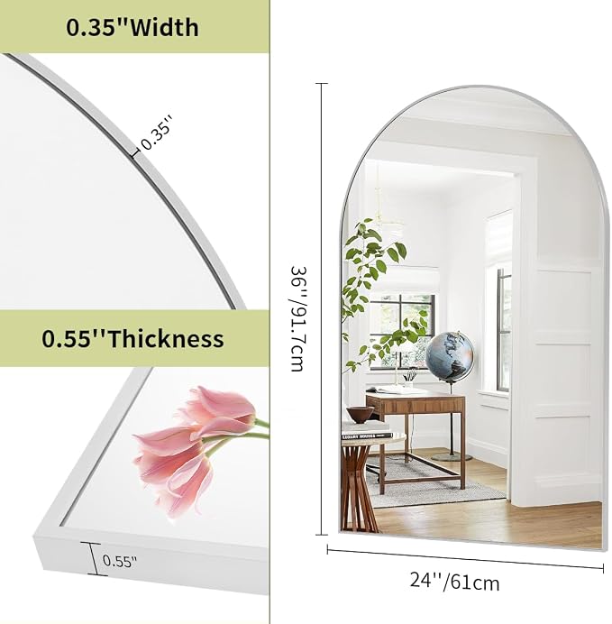 BEAUTYPEAK 24"x36" Arch Bathroom Wall Mirror, Silver | Wall Mounted Vanity Metal Frame Mirror for Bedroom, Entryway, Living Room, Fireplace