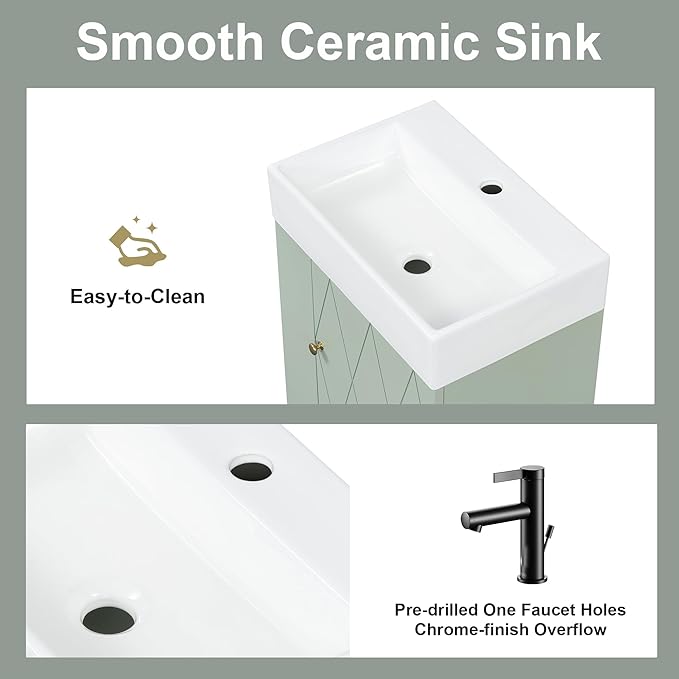 Harper & Bright Designs 20" Bathroom Vanity with Sink, Wall-Mounted Single Basin Vanity Set with Cabinet & Two-Tier Left Side Storage Shelf, Storage Cabinet with Ceramic Basin for Bathroom, Green