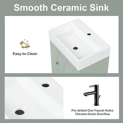 Harper & Bright Designs 20" Bathroom Vanity with Sink, Wall-Mounted Single Basin Vanity Set with Cabinet & Two-Tier Left Side Storage Shelf, Storage Cabinet with Ceramic Basin for Bathroom, Green