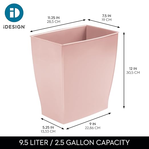 iDesign Small Plastic Bathroom Trash Can, Slim Rectangle Garbage Bin, Pink | Bedroom, Office, Dorm