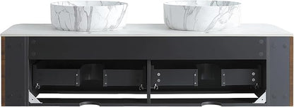 60" Floating Bathroom Vanity with Carrara Finish Sink, Walnut | Pre-Assembled Fluted Wall Mounted Double Sink Vanity with Sintered Stone Countertop, Soft-Close Drawers & Towel Rack