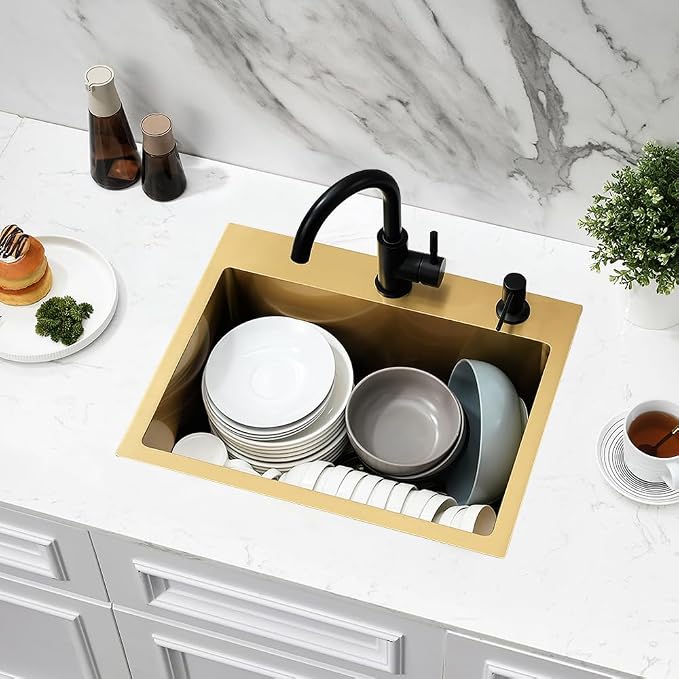 20x16 Gold Drop In Bar Sink Stainless Steel Small Outdoor Sink | Gold Kitchen Sink Wet Bar 16 Gauge Top Mount Single Bowl Sink with Drain Strainer