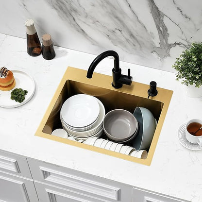 20x16 Gold Drop In Bar Sink Stainless Steel Small Outdoor Sink | Gold Kitchen Sink Wet Bar 16 Gauge Top Mount Single Bowl Sink with Drain Strainer