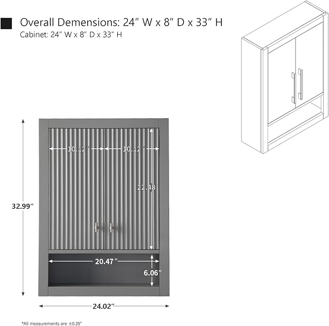 HOMEBEYOND 24 Inches Bathroom Vanity Wall Mount Storage Cabinet & Shelves, Free-Standing Vanity with Soft-Closing Doors, Golden Brushed Handware, Cashmere Gray