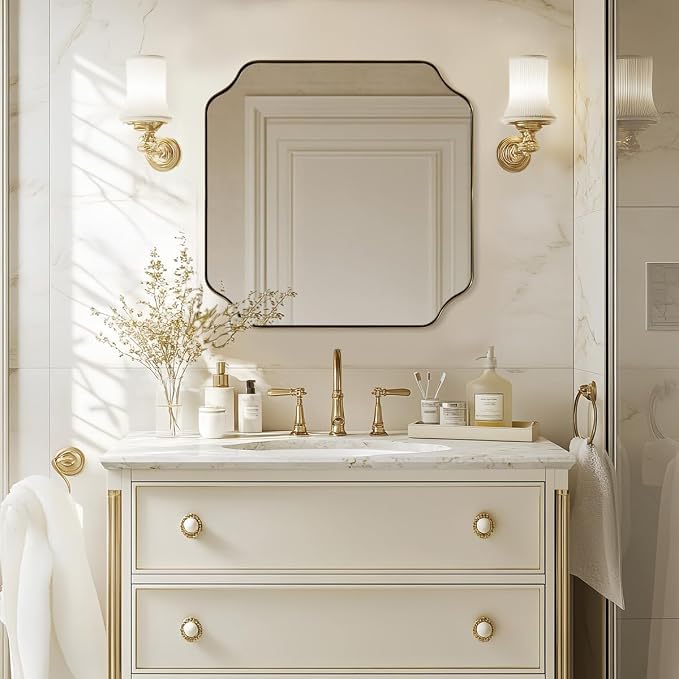 Square Gold Vanity Mirrors, 24"x24" Brushed Brass Scalloped Bathroom Mirror, Antique Wall Mirror with Anti-Rust Stainless Steel Frame, Rounded Notched Corner Design Ideal for Home Deocr