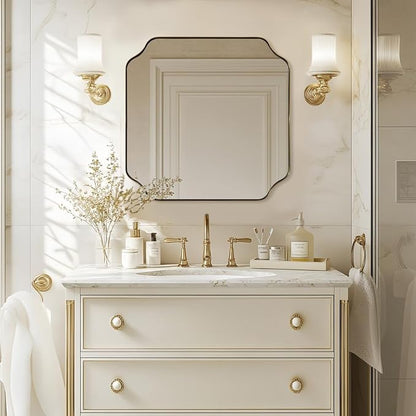 Square Gold Vanity Mirrors, 24"x24" Brushed Brass Scalloped Bathroom Mirror, Antique Wall Mirror with Anti-Rust Stainless Steel Frame, Rounded Notched Corner Design Ideal for Home Deocr