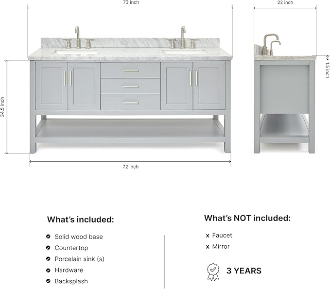 DKB Olivia 72-Inch Grey Double Bathroom Vanity, 1.5-Inch Edge Italian Carrara Marble Countertop & Backsplash, Rectangular Sinks, 4 Soft Closing Doors, 3 Dovetail Drawers, Open Shelf, Brushed Nickel
