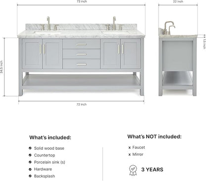 DKB Olivia 72-Inch Grey Double Bathroom Vanity, 1.5-Inch Edge Italian Carrara Marble Countertop & Backsplash, Rectangular Sinks, 4 Soft Closing Doors, 3 Dovetail Drawers, Open Shelf, Brushed Nickel