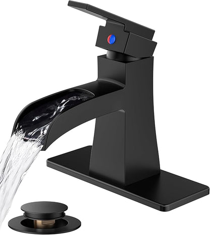 FORIOUS Matte Black Bathroom Faucet Waterfall, Bathroom Faucets for 1 or 3 Holes Sink with Single Handle for Commercial, Vanity, Lavatory, Restroom, Farmhouse