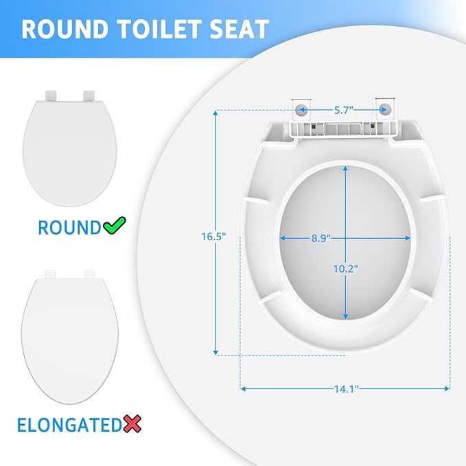 Round Toilet Seat 16.5 Inch & Quick Release - Quick Connect, Standard Toilet Lid Soft Close, PP Material Safe & Easy Clean and Install, Sturdy Accessories Never Loosen, White Plastic