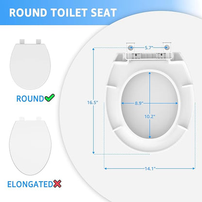 Round Toilet Seat 16.5 Inch & Quick Release - Quick Connect, Standard Toilet Lid Soft Close, PP Material Safe & Easy Clean and Install, Sturdy Accessories Never Loosen, White Plastic
