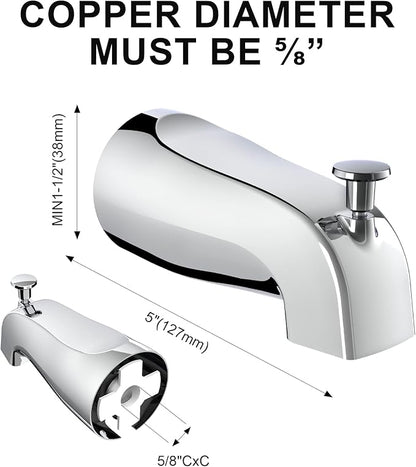 Universal Slip-On Tub Spout with Diverter - 5" Bathtub Faucet, Fits 1/2" Copper Piper (5/8" Diameter) Compatible with American Standard 8888026.002 Tub Spout - Chrome