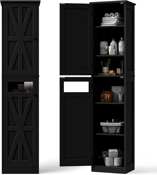 Vabches Tall Bathroom Cabinet, Slim Bathroom Storage Cabinet with Adjustable Shelves and 2 Doors, Narrow Floor Storage Cabinet for Bathrooms, Kitchen, Living Room, Black