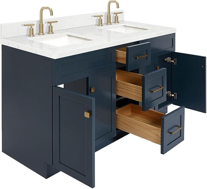 ARIEL Hamlet 60-inch Bathroom Vanity with Sink,Solid Wood, 1.5-inch Carrara White Quartz Countertop, Double Rectangular Porcelain Sink, 4 Soft Closing Doors, 3 Dovetail Drawers, Midnight Blue