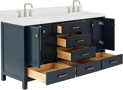 ARIEL Cambridge 66-inch Bathroom Vanity with Sink,Solid Wood, 1.5-inch Carrara White Quartz Countertop, Double Oval Porcelain Sink, 4 Soft Closing Doors, 6 Dovetail Drawers, Midnight Blue