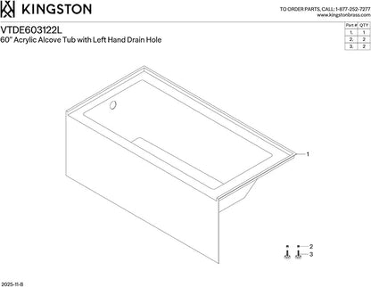 KINGSTON BRASS VTDE603122L 60-Inch Contemporary Alcove Acrylic Bathtub with Left Hand Drain and Overflow Holes, White