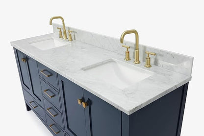 ARIEL Cambridge 72-inch Bathroom Vanity with Sink,Solid Wood, 0.75-inch Italian Carrara Marble Countertop, Double Rectangular Porcelain Sink, 4 Soft Closing Doors, 6 Dovetail Drawers, Midnight Blue
