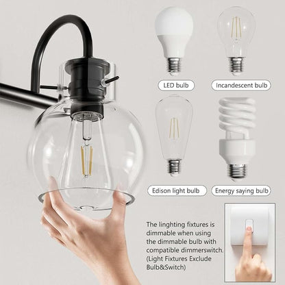 3 Lights Bathroom Vanity Light Fixtures Over Mirror Modern Black | Wall Sconce,Elegant Globe Glass Shade,E26 Base, UL Certified,Anti-Rust,Damp Rated,Matte Black,Bathroom Bedroom Living Room