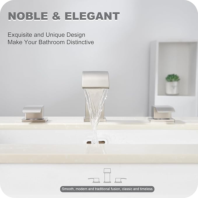 8 Inch Waterfall Bathroom Faucets 3 Hole - Brushed Nickel Widespread Bathroom Faucet with Pop-up Drain, Two Handles Bathroom Sink Faucet, Modern Vanity Sink faucets with Supply Lines