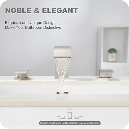 8 Inch Waterfall Bathroom Faucets 3 Hole - Brushed Nickel Widespread Bathroom Faucet with Pop-up Drain, Two Handles Bathroom Sink Faucet, Modern Vanity Sink faucets with Supply Lines