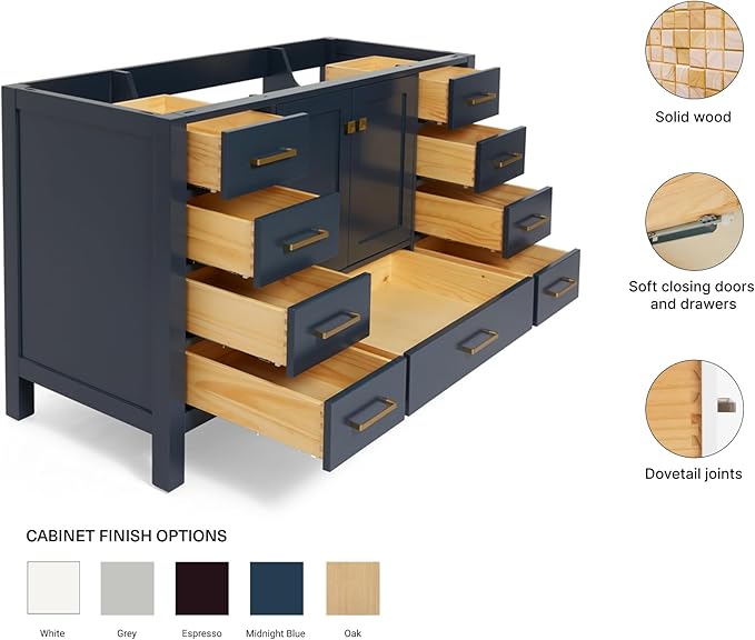ARIEL Cambridge 54-inch Bathroom Vanity Base Cabinet,Solid Wood, 2 Soft Closing Doors, 9 Dovetail Drawers, Midnight Blue