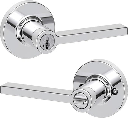 Kwikset Casey Entry Round Door Handle with Lock and Key, Secure Keyed Reversible Lever Exterior, Doorlock, for Front Entrance and Bedrooms, Polished Chrome, Pick Resistant Smartkey Rekey Security
