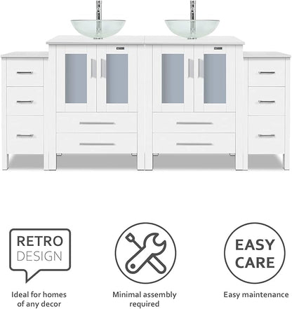 eclife 72" Modern Bathroom Vanity Sink Combo Freestanding Cabinet with Small Side Cabinet, Clear Round Glass Vessel Sink, Water Save Faucet, Drain (White+A16)