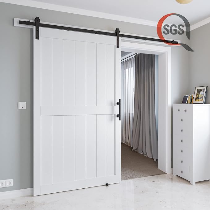 48in x 84in MDF Sliding Barn Door with 8ft Barn Door Hardware Kit & Handle | White Solid Barn Door Slab Covered with Water-Proof PVC Surface, Pre-Drilled Holes Easy Assembly, H-Frame