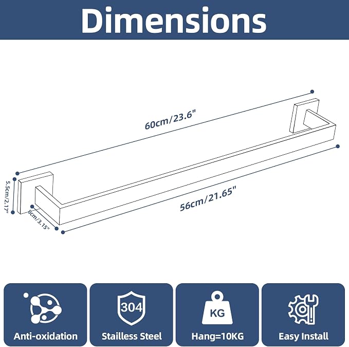 23.6 Inches Brushed Nickel Bathroom Towel Bar Set, 2-Piece Square Wall Mounted Towel Rack, Wall Mounted 304 Stainless Steel Towel Holder for Bathroom