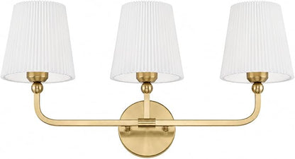 3-Light Brushed Gold Bathroom Vanity Light, Pleated Fabric Shade | 24.75" 3-light gold double wall sconce with white pleated fabric shades, E26 bulbs, hardwired, upward only, VL837-BG-Z-3