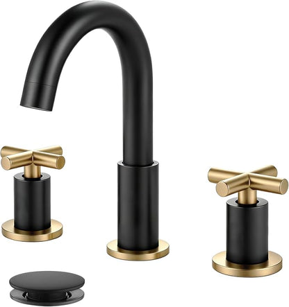 gotonovo 8’’ Widespread Bathroom Sink Faucet 3 Hole Black & Brushed Gold | Bathroom Faucet Vanity,6-16’’ Sink,Basin,RV,Lavatory,2 Cross Handle,SUS304,360° Swivel Spout,24’’ cUPC Hose,Pop Up Drain